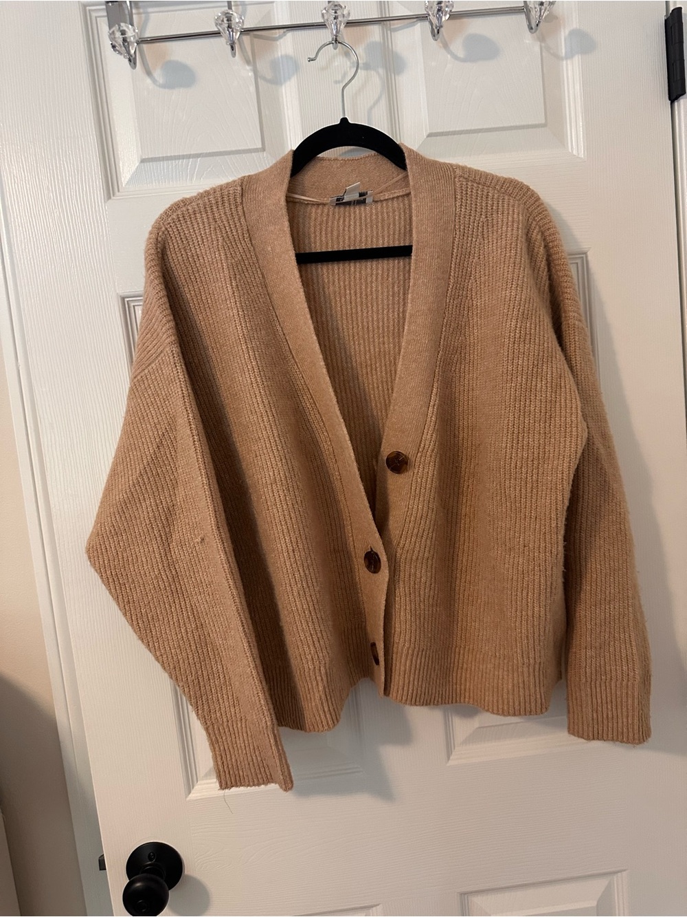 Relaxed V-Neck Ribbed Cardigan Sweater in Camel